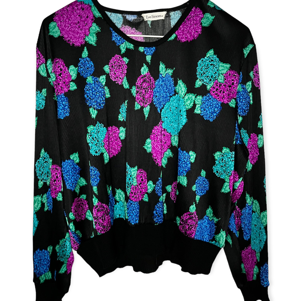 Vintage 80s Eve Simons Black Floral Purple Blue Teal Crepe Blouse Med Large Boho